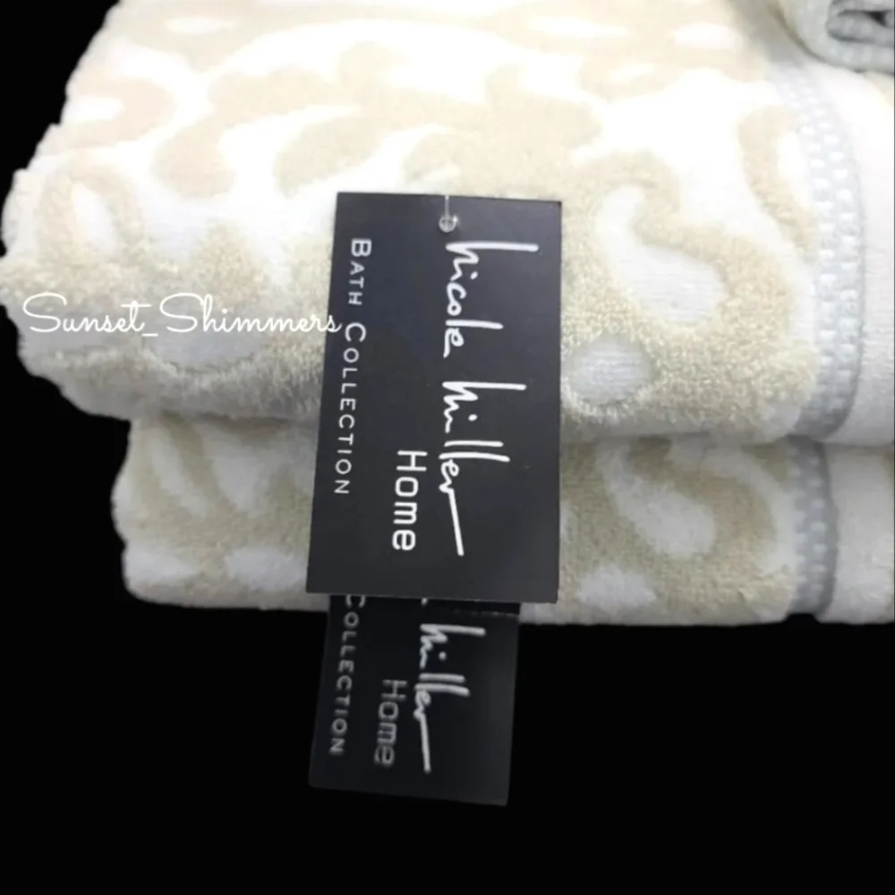 Nicole Miller 6pc Plush Damask Bath Hand Tip Towel Set Tan Gray White Cotton NEW